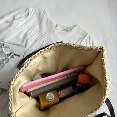 Straw Woven Large Tote Bag Zipper Shoulder Bag Summer Beach Handbag