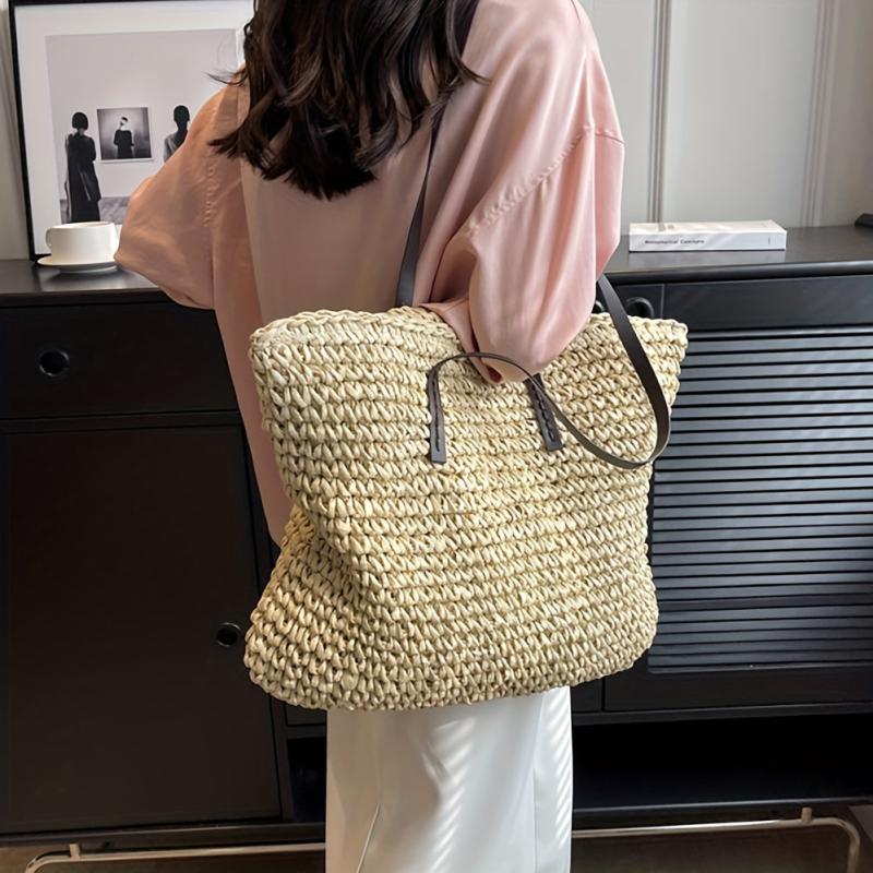 Straw Woven Large Tote Bag Zipper Shoulder Bag Summer Beach Handbag