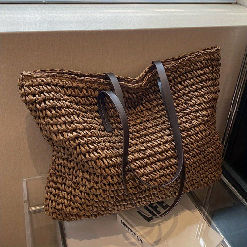 Straw Woven Large Tote Bag Zipper Shoulder Bag Summer Beach Handbag