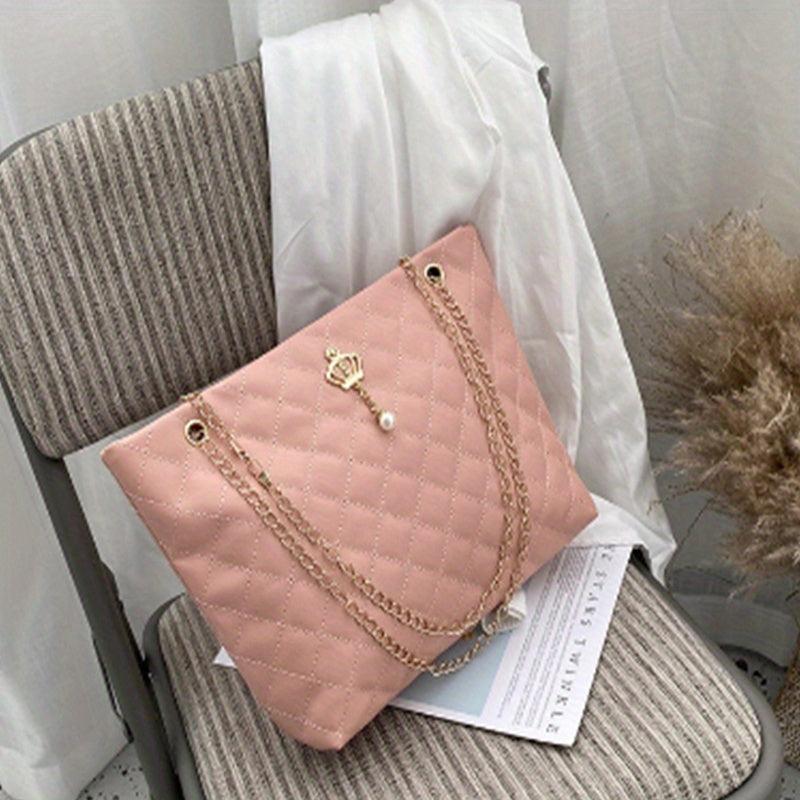 Argyle Quilted Chain Tote Bag Crown Decor Handbag
