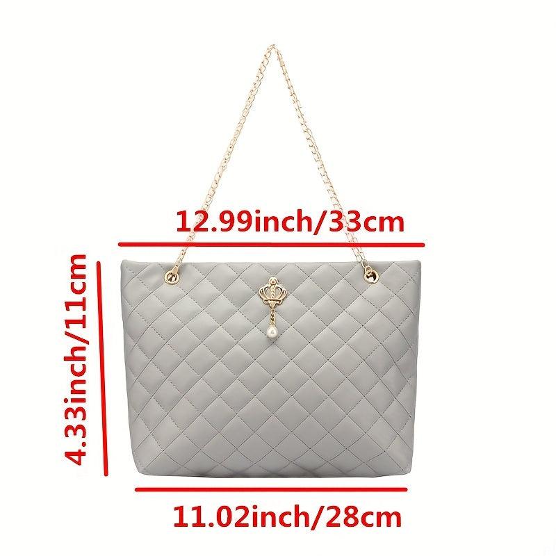 Argyle Quilted Chain Tote Bag Crown Decor Handbag