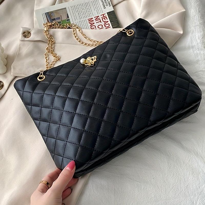 Argyle Quilted Chain Tote Bag Crown Decor Handbag