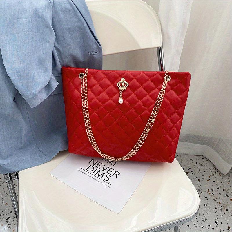 Argyle Quilted Chain Tote Bag Crown Decor Handbag