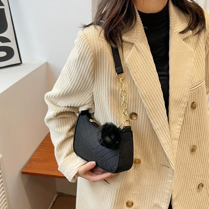 Quilted Detail Bag with Pom Pom