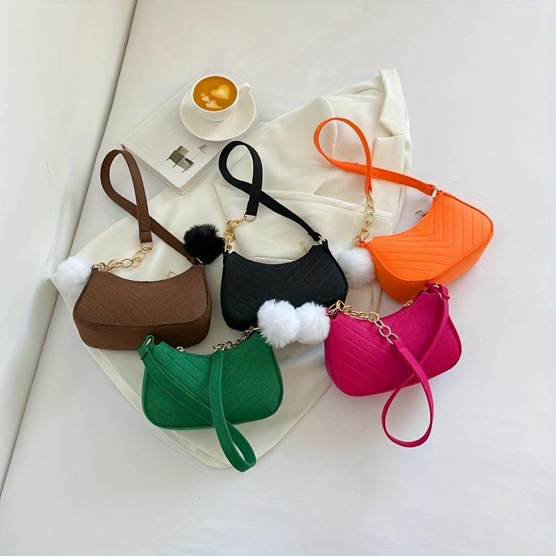 Quilted Detail Bag with Pom Pom
