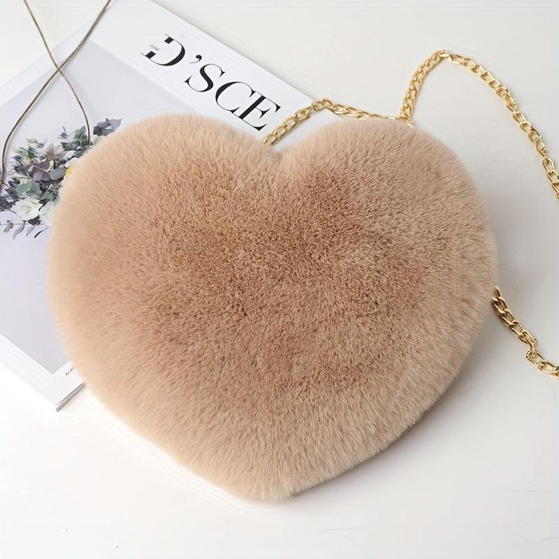 Heart Shape Plush Shoulder Bag Metal Chain Zipper Solid Crossbody Bag