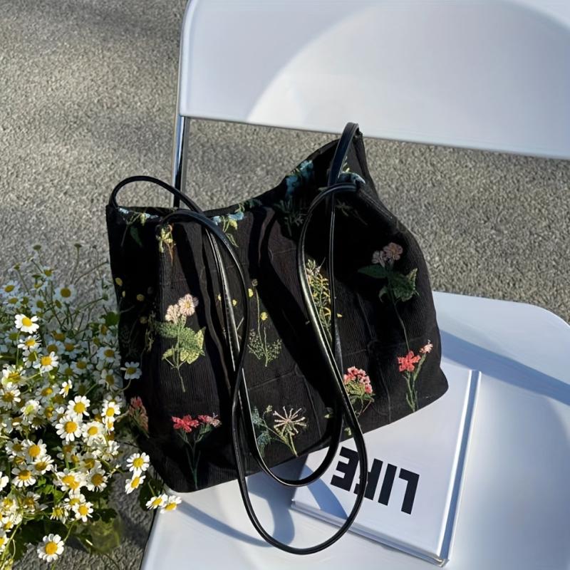 Floral Embroidery Shoulder Bag Canvas Bucket Bag Handbag