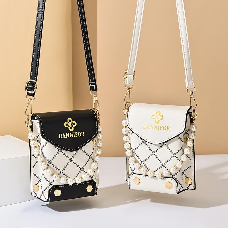 Mini Argyle Quilted Phone Bag Studded Faux Pearl Shoulder Bag