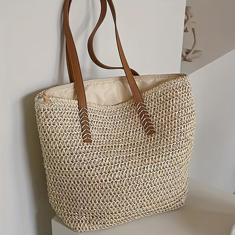 Bohemian Straw Tote Bag Lightweight All Math Storage For Travel