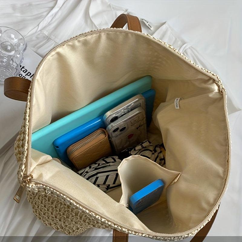 Bohemian Straw Tote Bag Lightweight All Math Storage For Travel