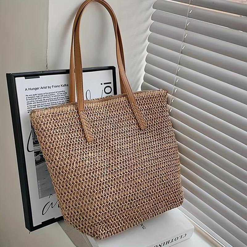Bohemian Straw Tote Bag Lightweight All Math Storage For Travel