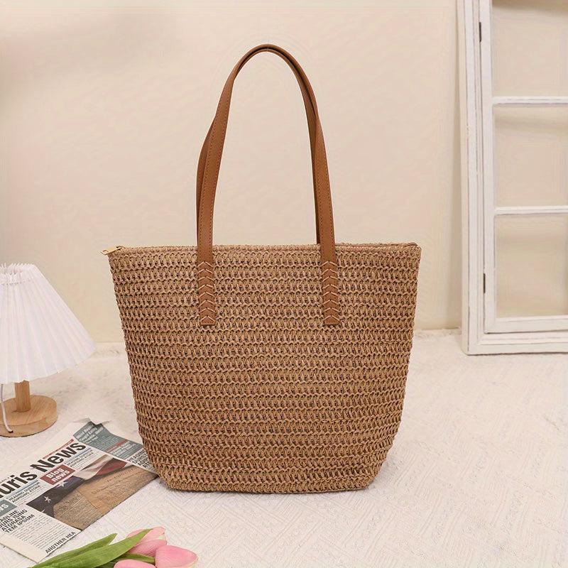 Bohemian Straw Tote Bag Lightweight All Math Storage For Travel