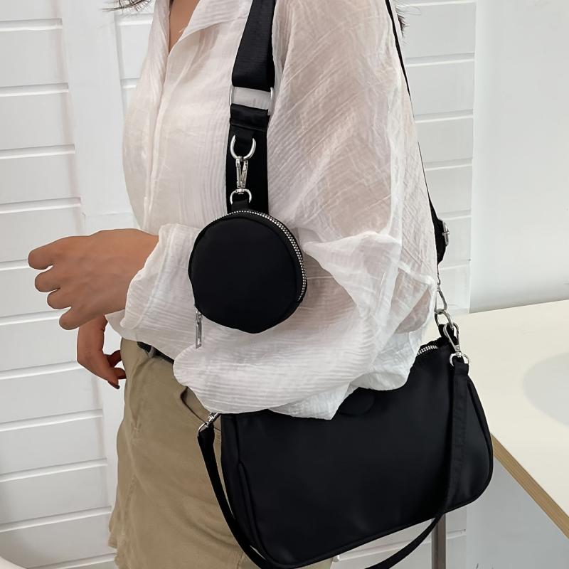 Vintage Solid Zipper Baguette Bag with Mini Circle Purse