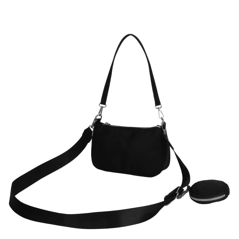 Vintage Solid Zipper Baguette Bag with Mini Circle Purse