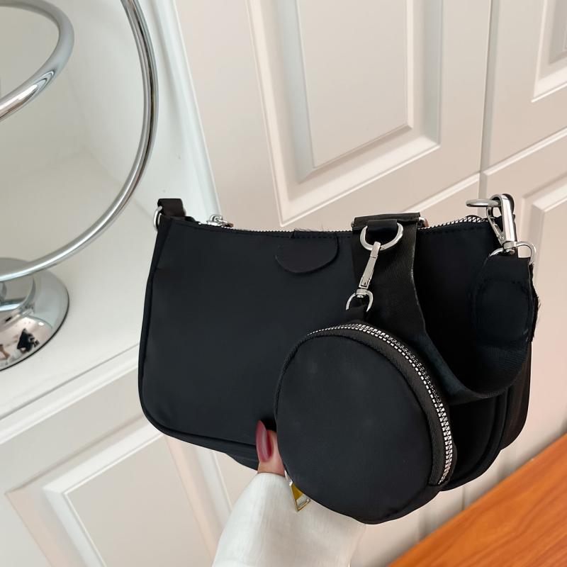 Vintage Solid Zipper Baguette Bag with Mini Circle Purse