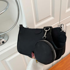 Vintage Solid Zipper Baguette Bag with Mini Circle Purse