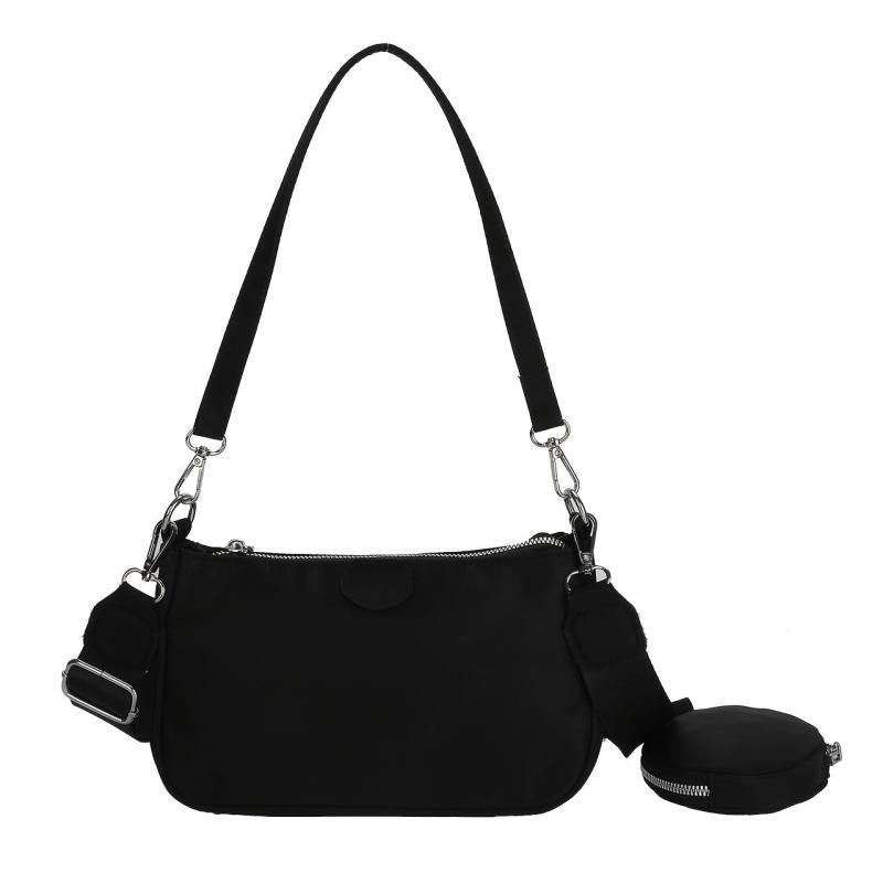 Vintage Solid Zipper Baguette Bag with Mini Circle Purse