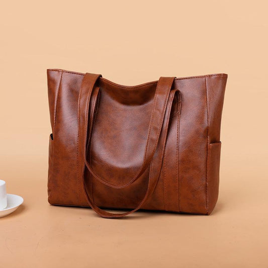 Solid Durable Shoulder Bag PU Leather Zipper Handbag
