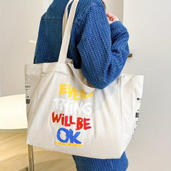 Colorful Letter Print Canvas Bag Large Capacity Lightweight Shoulder Bag