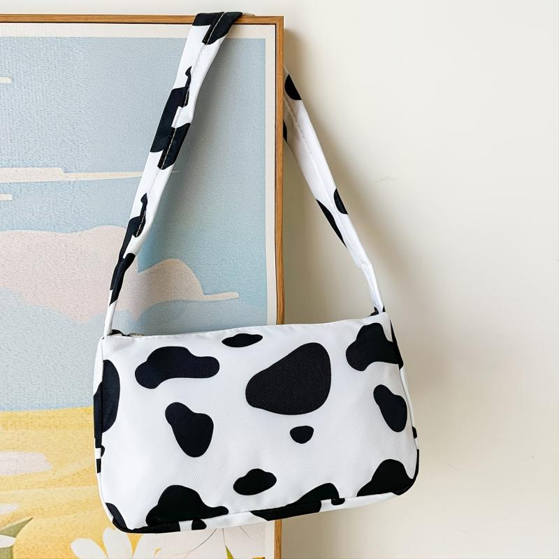 Cow Print Shoulder Bag Women's Zipper Purse Chain Decor