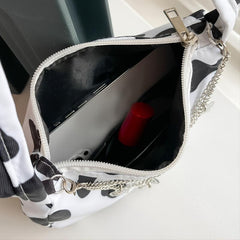 Cow Print Shoulder Bag Women's Zipper Purse Chain Decor