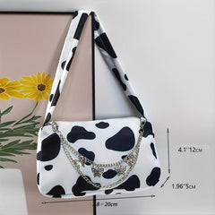 Cow Print Shoulder Bag Women's Zipper Purse Chain Decor