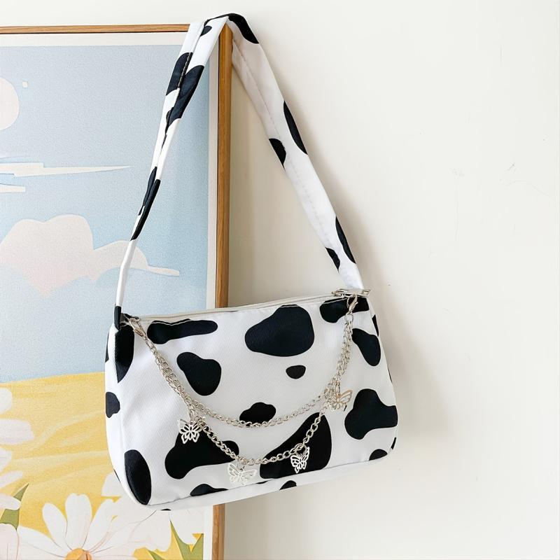 Cow Print Shoulder Bag Women's Zipper Purse Chain Decor