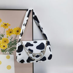 Cow Print Shoulder Bag Women's Zipper Purse Chain Decor