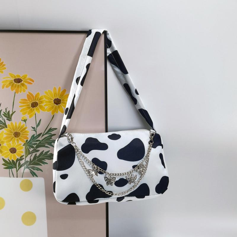 Cow Print Shoulder Bag Women's Zipper Purse Chain Decor