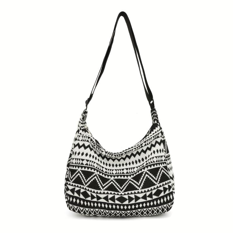 Ethnic Canvas Shoulder Bag Geometric Pattern Hobo Crossbody Purse