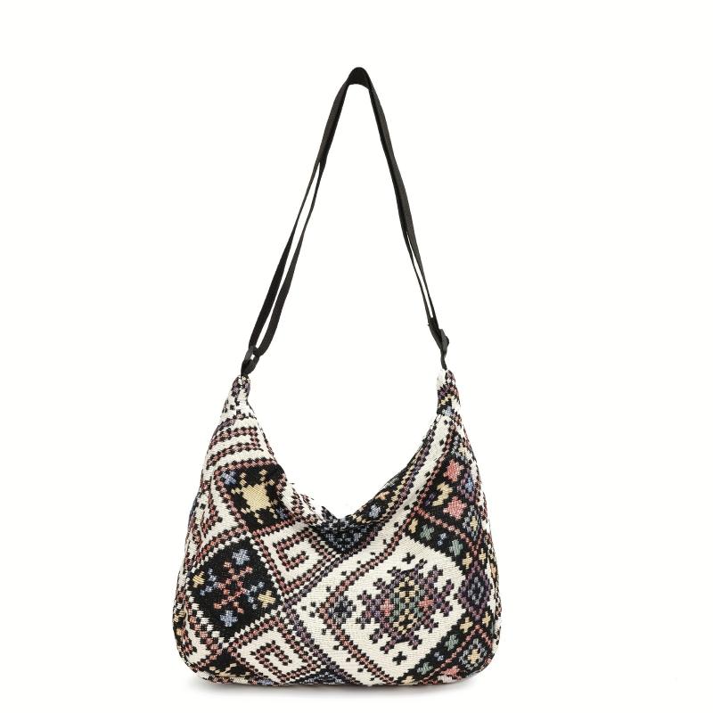 Ethnic Canvas Shoulder Bag Geometric Pattern Hobo Crossbody Purse