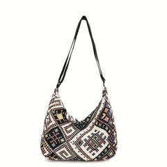 Ethnic Canvas Shoulder Bag Geometric Pattern Hobo Crossbody Purse