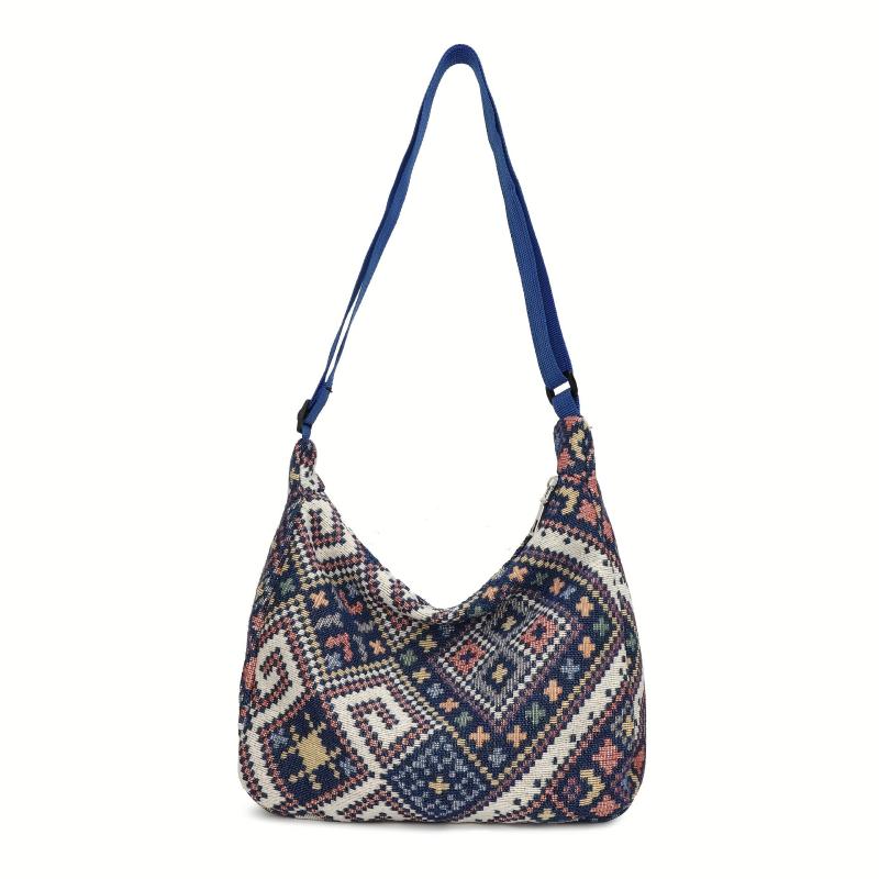 Ethnic Canvas Shoulder Bag Geometric Pattern Hobo Crossbody Purse