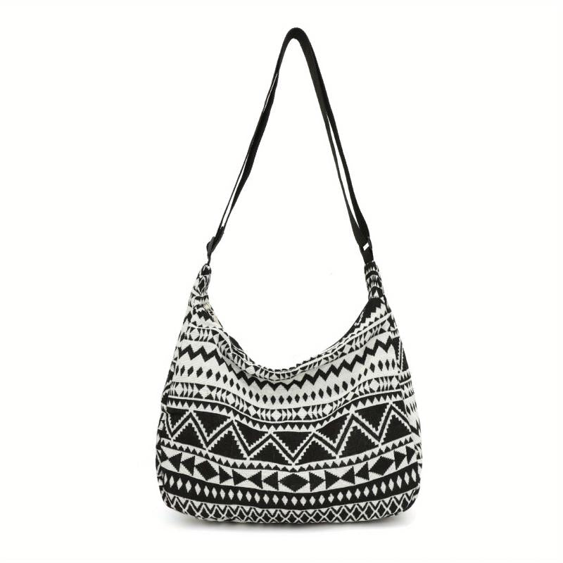 Ethnic Canvas Shoulder Bag Geometric Pattern Hobo Crossbody Purse