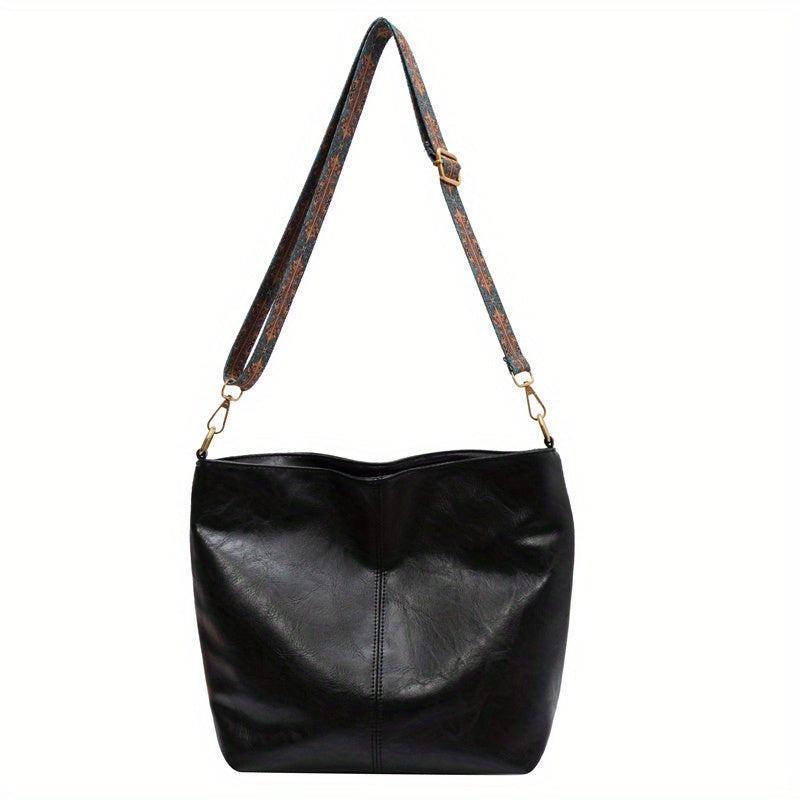 Large Capacity Wide Strap Tote Bag PU Leather Textured Shoulder Hobo Bag