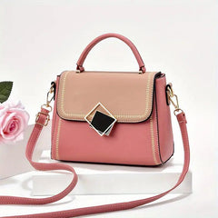 Portable Top Handle Shoulder Bag PU Leather Square Flap Handbag
