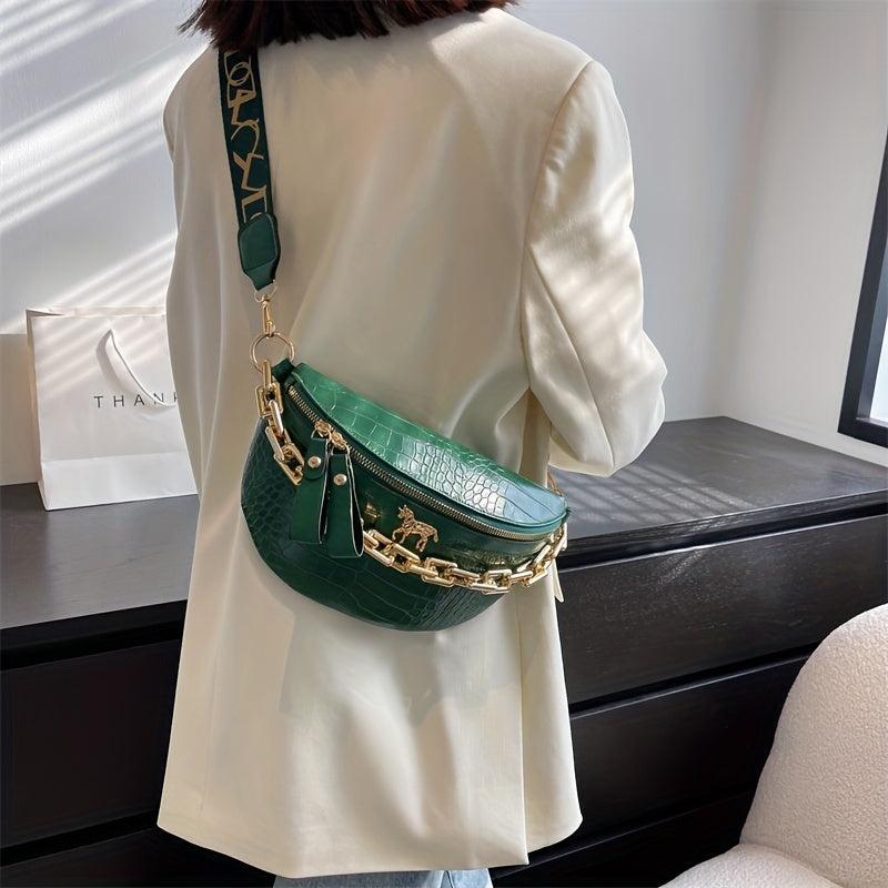 Crocodile Embossed Fanny Pack Chain Crossbody Bag Women's PU Leather Waist Purse