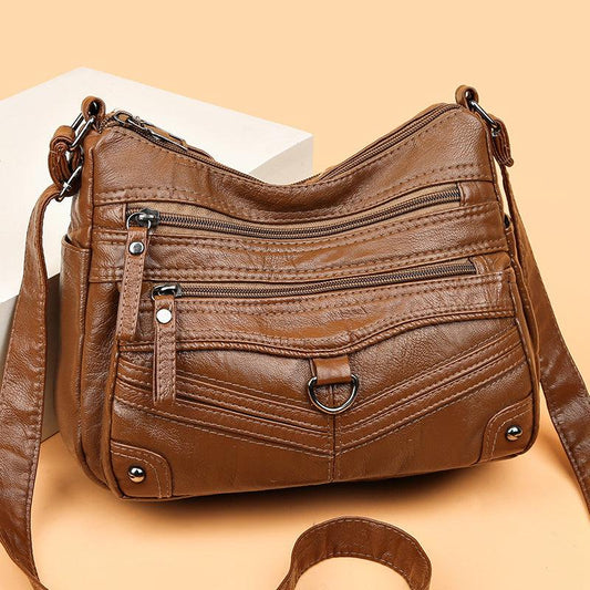 Studded Decor Shoulder Bag Zipper Purse Women's Soft Leather Crossbody Bag
