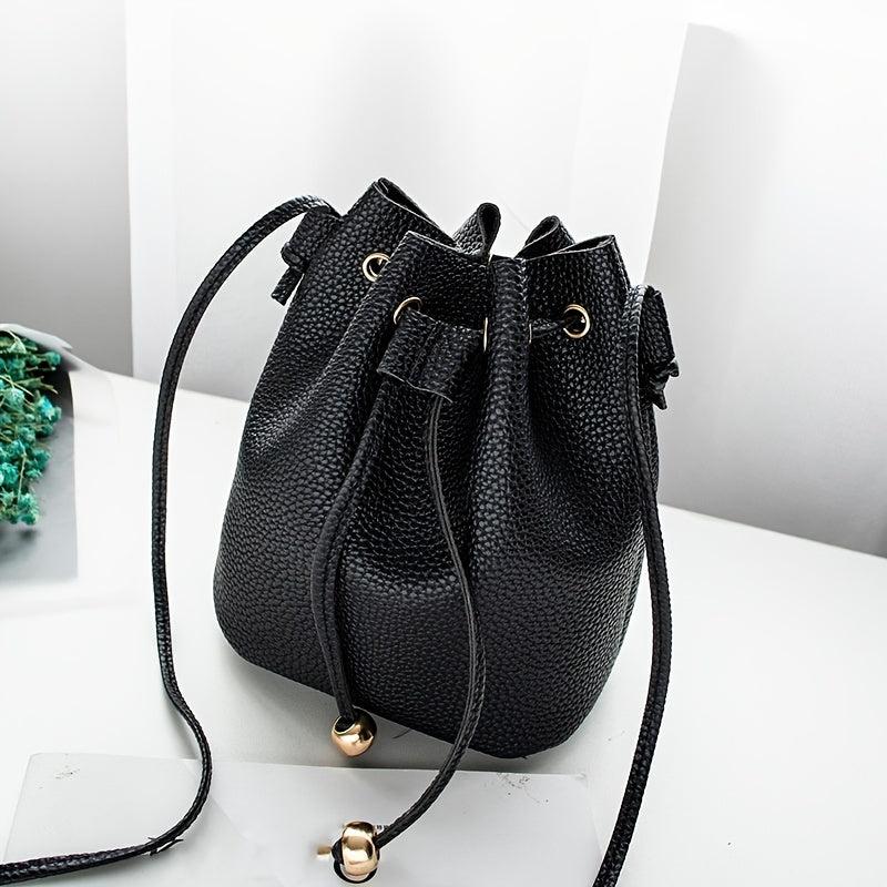 Faux Leather Bucket Bag Women's Drawstring Shoulder Bag