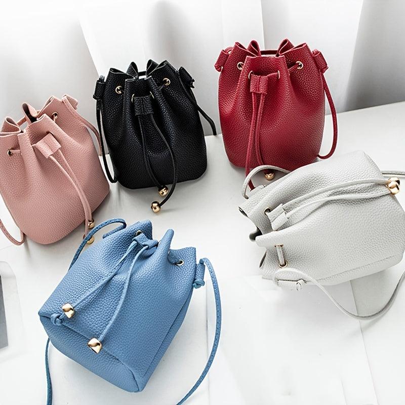 Faux Leather Bucket Bag Women's Drawstring Shoulder Bag