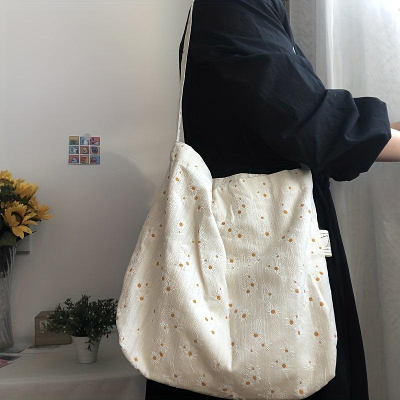 Casual Daisy Pattern Canvas Shoulder Bag Large Capacity Shopping Bag