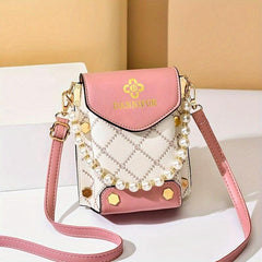 Faux Pearl Square Shoulder Bag PU Leather Flap Shoulder Bag