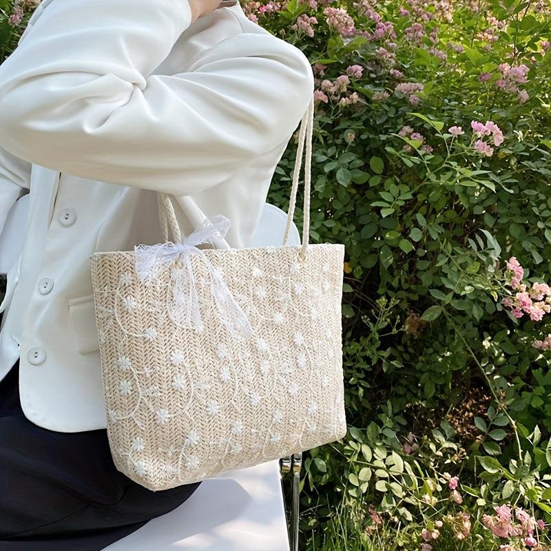 Flower Embroidery Lace Straw Bag Women's Woven Shoulder Bag
