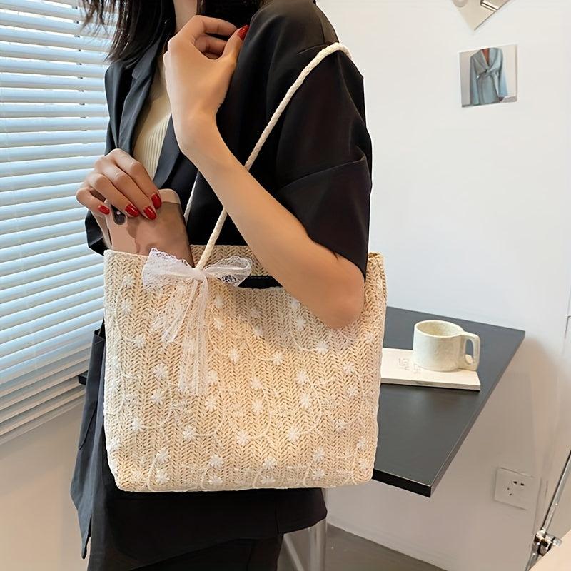 Flower Embroidery Lace Straw Bag Women's Woven Shoulder Bag