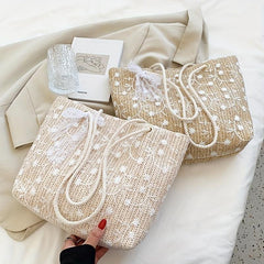 Flower Embroidery Lace Straw Bag Women's Woven Shoulder Bag