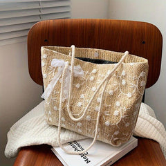 Flower Embroidery Lace Straw Bag Women's Woven Shoulder Bag