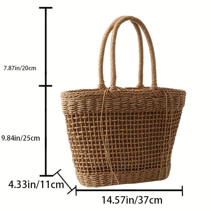 Straw Durable Shopping Bag Ribbon Decor Large Capacity Beach Tote Bag