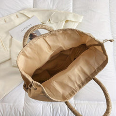 Straw Durable Shopping Bag Ribbon Decor Large Capacity Beach Tote Bag
