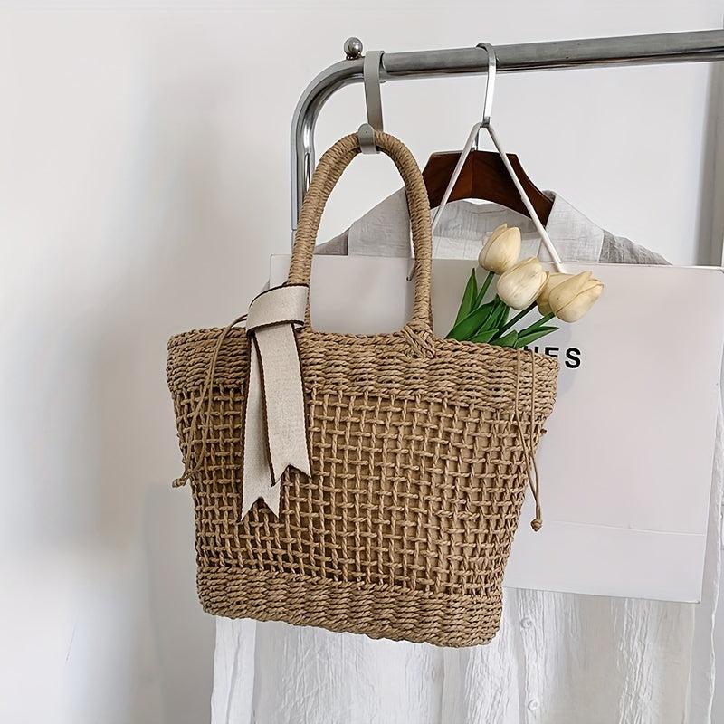 Straw Durable Shopping Bag Ribbon Decor Large Capacity Beach Tote Bag