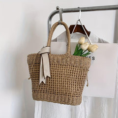 Straw Durable Shopping Bag Ribbon Decor Large Capacity Beach Tote Bag
